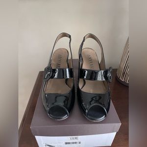 Anyi Lu high heel sandals mary jane cut out black patent leather croc 37 7